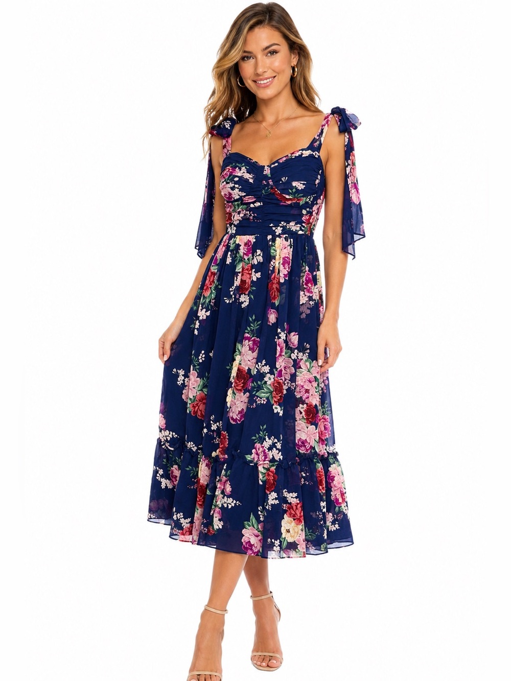 NWT B Darlin Navy Floral Chiffon Tie Shoulder Straps Garden Party Midi Dress